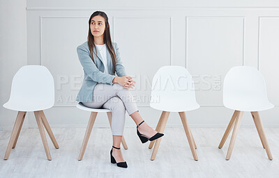 Buy stock photo Woman, chair and interview waiting for recruitment job or corporate career, human resources or opportunity. Female person, meeting and alone or hire thinking of late process, workforce or staff delay