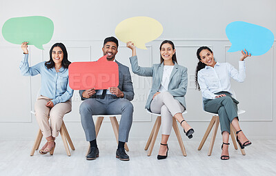 Buy stock photo Business people, portrait and speech bubble for recruitment, we are hiring or about us in waiting room. Job interview, news or happy group with diversity, mockup or advertising space for social media