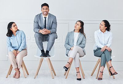 Buy stock photo Portrait, recruitment and promotion with business people waiting in line for a human resources interview. Smile, hiring or opportunity with a man candidate in an office with confused colleagues