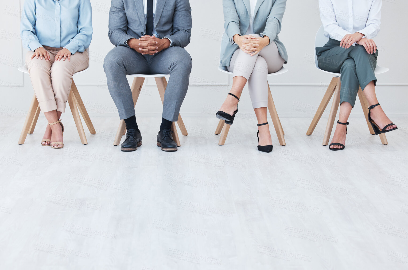 Buy stock photo We are hiring, chair and shoes of business people in a waiting room for job interview, process or onboarding. Recruitment, opportunity and legs of group in a lobby for meeting with human resources