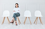 Job interview, waiting room and portrait of woman with arms crossed confidence, mindset or attitude. Human Resources, office or female applicant ready for business, opportunity or hiring recruitment