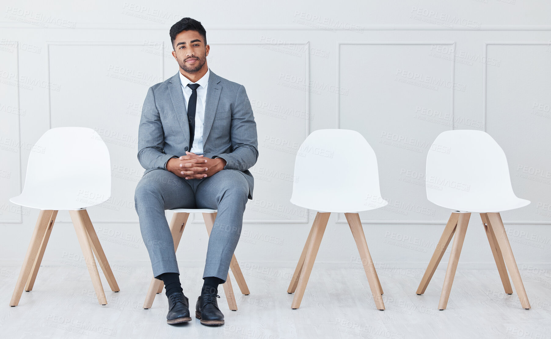 Buy stock photo Waiting room, job interview and portrait of man with confidence, mindset or attitude. Human Resources, office or applicant ready for business, opportunity or we are hiring, recruitment or meeting