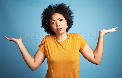 Buy stock photo Confused, portrait and girl with unsure expression frustration in studio background with question. Doubt, face and hand gesture with uncertainty or attitude, angry with body language or wtf.