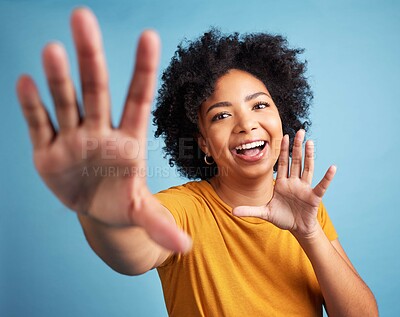 Buy stock photo Black woman, portrait and dance on studio blue background  with happy, confidence in college, university with casual style. Girl, smile and excited dancing for fashion, promotion or announcement