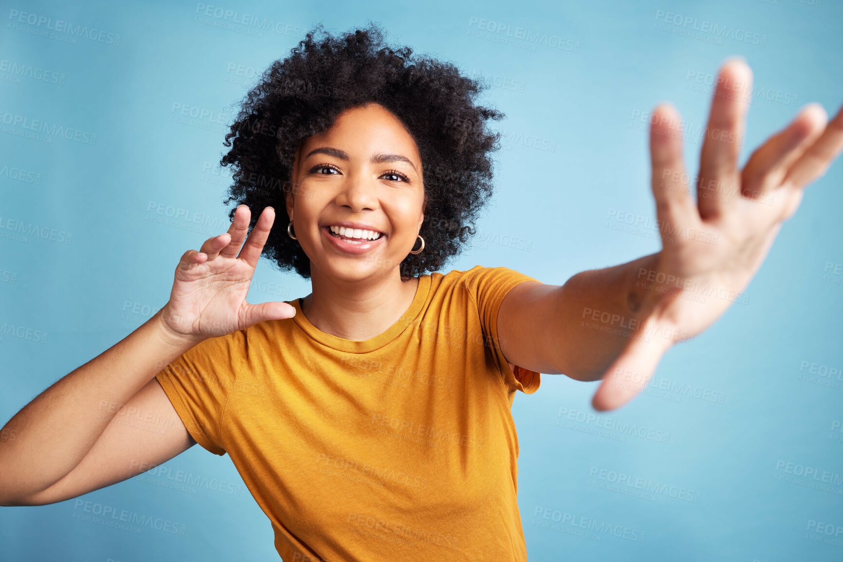 Buy stock photo Portrait, woman and dance on studio blue background  with happy, confidence in college, university with casual style. Girl, smile and excited dancing for fashion, promotion or announcement