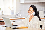 Happy woman, laptop and phone call in remote work, finance or discussion in kitchen at home. Female person or freelancer talking on mobile smartphone or computer for financial advice or conversation