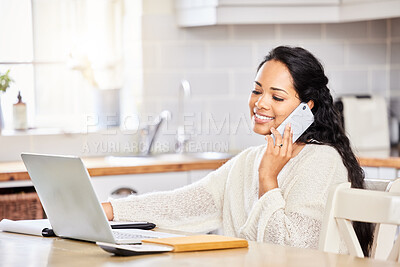 Buy stock photo Happy woman, laptop and phone call in remote work, finance or discussion in kitchen at home. Female person or freelancer talking on mobile smartphone or computer for financial advice or conversation