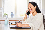 Happy woman, writing and phone call in remote work, finance or discussion in kitchen at home. Female person or freelancer talking on mobile smartphone or computer for financial advice or conversation