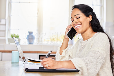 Buy stock photo Happy woman, writing and phone call in remote work, finance or discussion in kitchen at home. Female person or freelancer talking on mobile smartphone or computer for financial advice or conversation