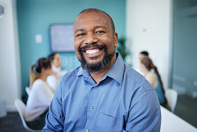 Buy stock photo Office, business meeting and portrait of happy black man for conversation, collaboration and discussion. Corporate, company and face of person with staff for teamwork, planning and project feedback