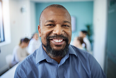 Buy stock photo Happy, meeting and portrait of business black man for teamwork, smile and discussion. Corporate office, company and face of person with staff for collaboration, planning and project feedback