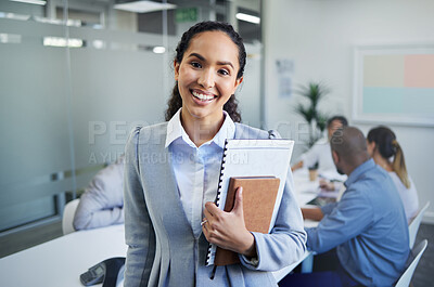 Buy stock photo Happy business woman, portrait and documents in meeting for management or leadership at office. Face of female person, manager or employee smile with paperwork for team agenda or tasks in boardroom