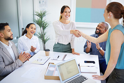 Buy stock photo Business people, handshake and meeting applause for partnership, onboarding and thank you or congratulations. Happy manager or b2b clients shaking hands in deal, marketing agreement and team clapping