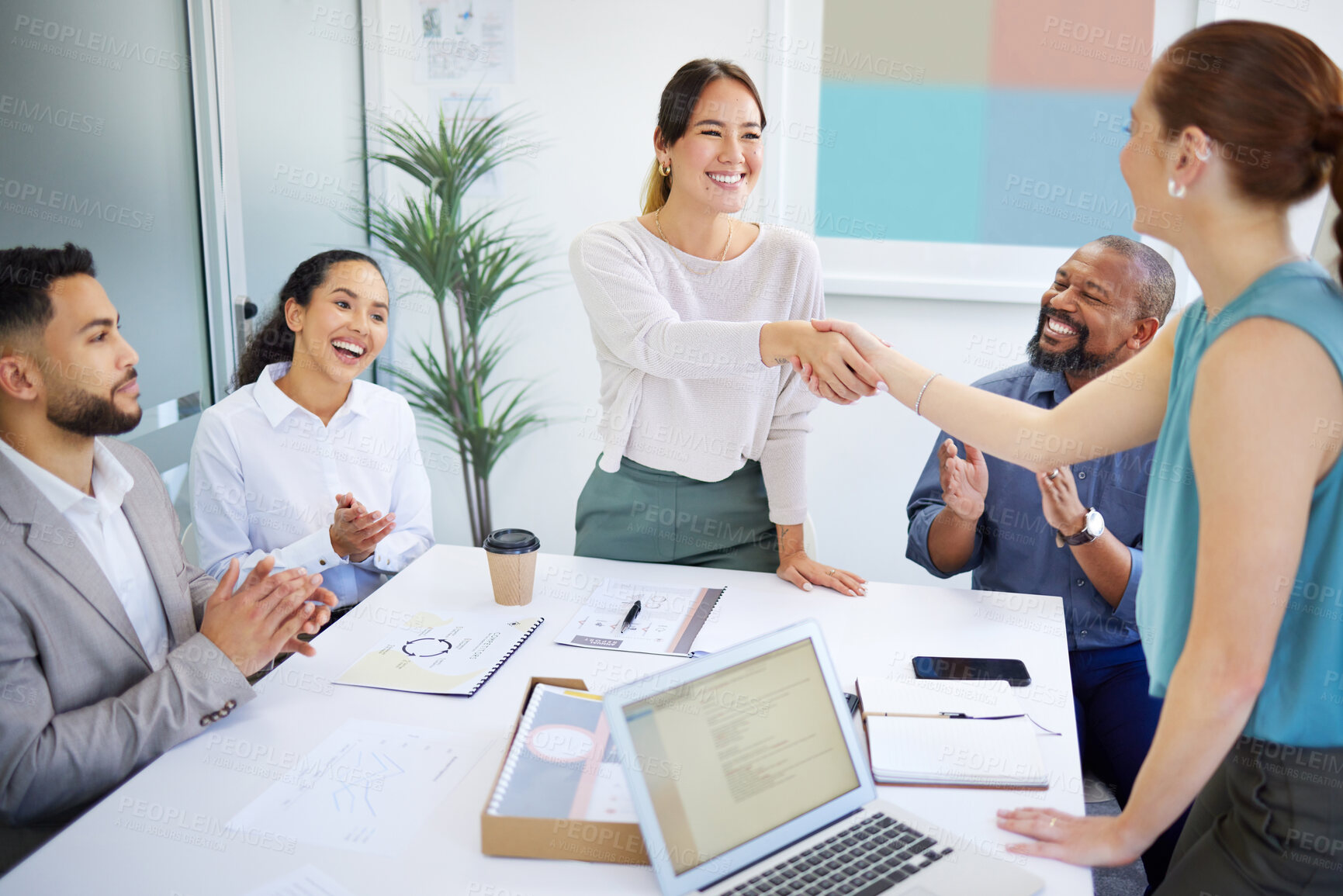 Buy stock photo Business people, handshake and meeting applause for partnership, onboarding and thank you or congratulations. Happy manager or b2b clients shaking hands in deal, marketing agreement and team clapping