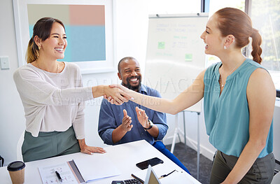 Buy stock photo Business women, shaking hands and finance team in meeting for promotion, onboarding or welcome to company. Accountant, handshake or happy for congratulations, hiring or thank you with deal in group