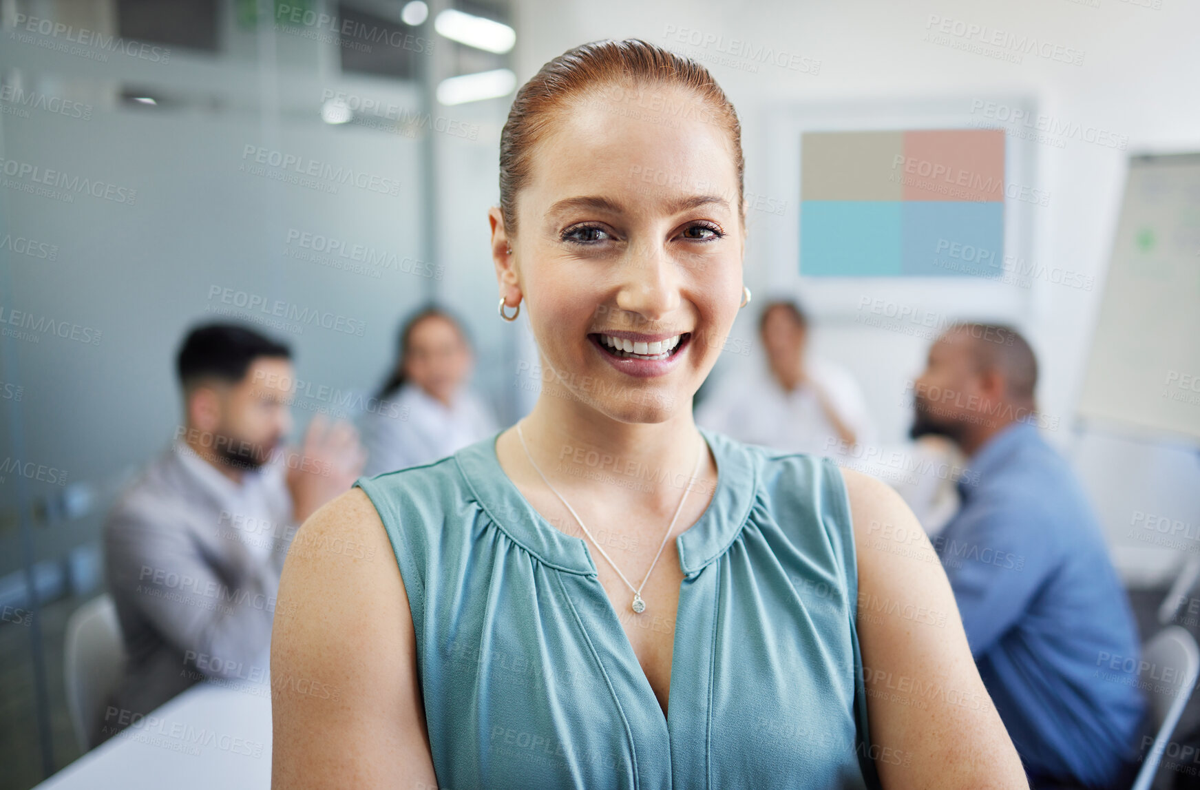 Buy stock photo Portrait, business and woman with a smile, meeting or development with consultant, entrepreneur or employee. Face, person or group with administrator, assistant or happiness with agent in a workplace
