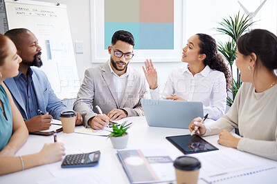 Buy stock photo Business people, teamwork and collaboration in meeting for marketing agency, planning and startup project on laptop. Professional group of women, men or manager questions, SEO data and digital agency