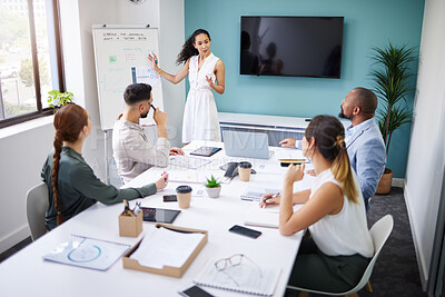 Buy stock photo Presentation whiteboard, group and corporate woman speech, brainstorming and team meeting for report information. Collaboration proposal, workshop mentor or leader consulting with professional people