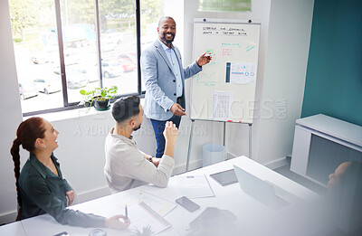 Buy stock photo Development, training and black man with presentation in meeting for strategy for progress in startup. Business growth, coach and businessman teaching staff about planning, profit or economy analysis