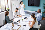 Presentation whiteboard, group meeting and business woman speech, report or teaching workforce, team or clients. Strategy cooperation, conversation and boss speaking to listening professional people