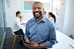 Phone, meeting and portrait of business black man for conversation, collaboration and discussion. Corporate office, teamwork and person with staff on smartphone for internet, research and website