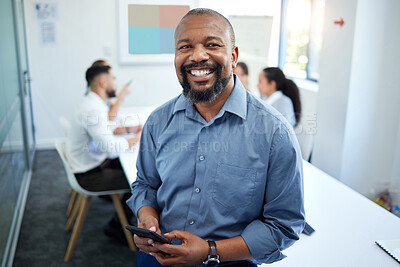 Buy stock photo Phone, meeting and portrait of business black man for conversation, collaboration and discussion. Corporate office, teamwork and person with staff on smartphone for internet, research and website