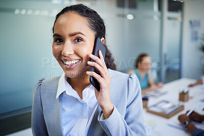 Buy stock photo Business woman, phone call and portrait in meeting room for communication, networking and management. Professional face of employee or manager on mobile for office contact, planning or happy chat