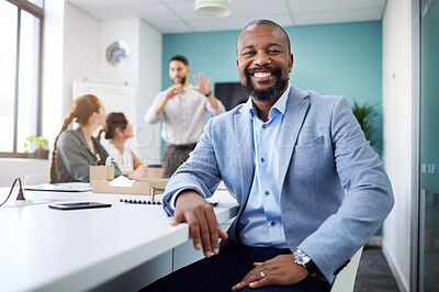 Buy stock photo Business, meeting and portrait of happy black man for teamwork, collaboration and discussion. Corporate office, company and face of person with staff for conversation, planning and project feedback