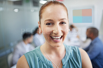 Buy stock photo Business, woman and portrait with happy in office for corporate meeting, collaboration or career. Professional, employee or face and smile with teamwork strategy, confidence or staff planning at work