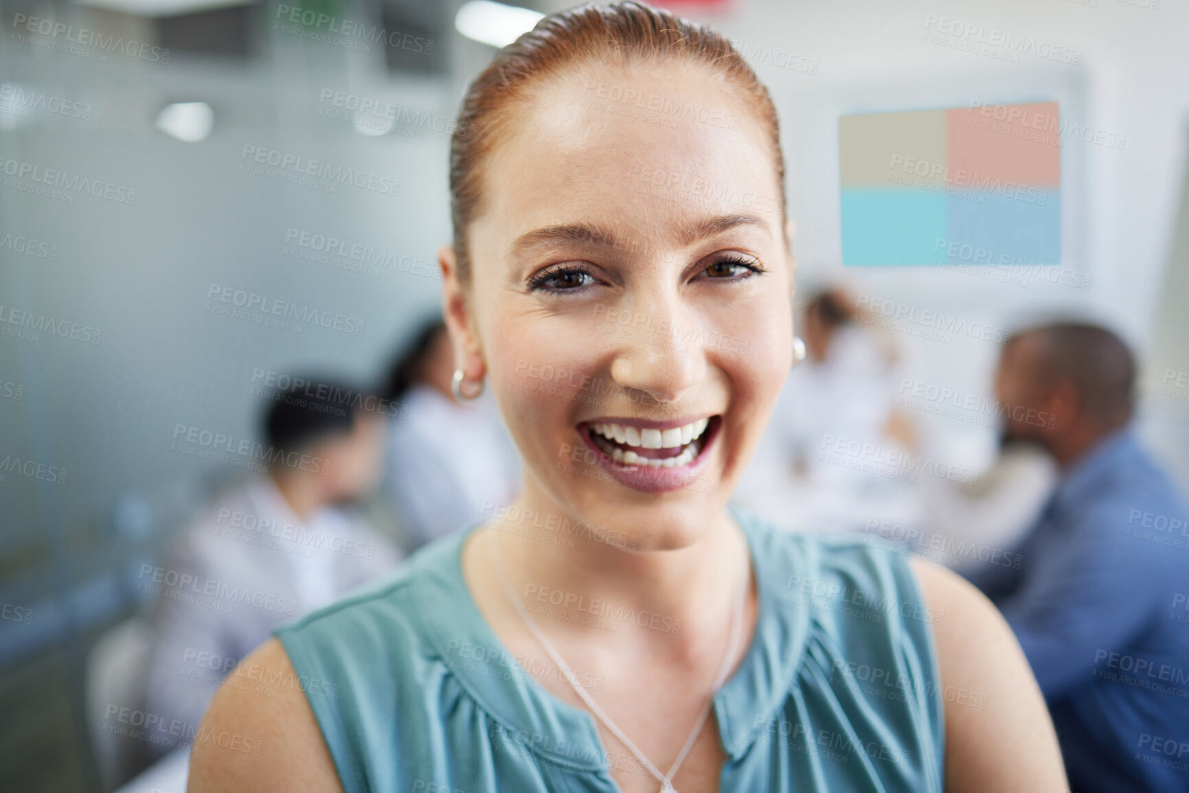 Buy stock photo Business, woman and portrait with happy in office for corporate meeting, collaboration or career. Professional, employee or face and smile with teamwork strategy, confidence or staff planning at work