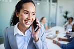 Happy business woman, phone call and meeting for communication, discussion or networking at office. Face of female person or employee smile talking on mobile smartphone for conversation at workplace