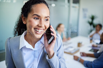Buy stock photo Happy business woman, phone call and meeting for communication, discussion or networking at office. Face of female person or employee smile talking on mobile smartphone for conversation at workplace