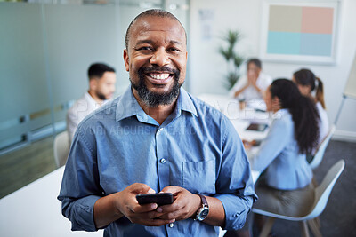 Buy stock photo Happy black man, phone and portrait in meeting for communication or networking at office. Face of African businessman smile with mobile smartphone in team conference for online research at workplace