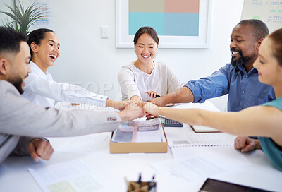 Buy stock photo Business people, office and group for fist bump, smile or together for teamwork, diversity or finance goal. Men, women or hands sign for solidarity, documents or happy in circle at accounting agency