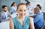 Business, woman and portrait with happy in office for corporate meeting, collaboration or career. Professional, employee or face and smile with teamwork strategy, confidence or staff planning at work