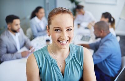 Buy stock photo Business, woman and portrait with happy in meeting at corporate office, collaboration or career. Professional, employee or face and smile with teamwork strategy, confidence or staff planning at work