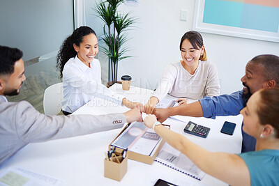 Buy stock photo Business people, team and hands for fist bump, office or happy for teamwork, diversity and financial goals. Men, women or circle for solidarity sign, support or top view of group at accounting agency
