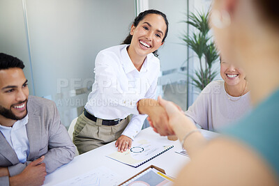 Buy stock photo Business people, handshake and finance meeting in office for promotion, onboarding or welcome to company. Women, shaking hands or happy for congratulations, hiring or thank you with teamwork in group