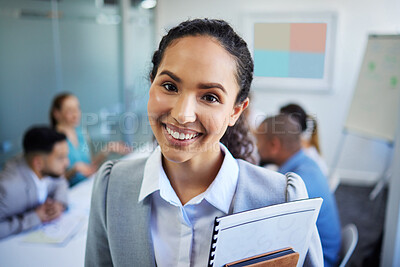 Buy stock photo Businesswoman, office and portrait with documents, employees and company staff. Corporate, admin clerk and happy with meeting, professional and worker for management, career and smile with pride 