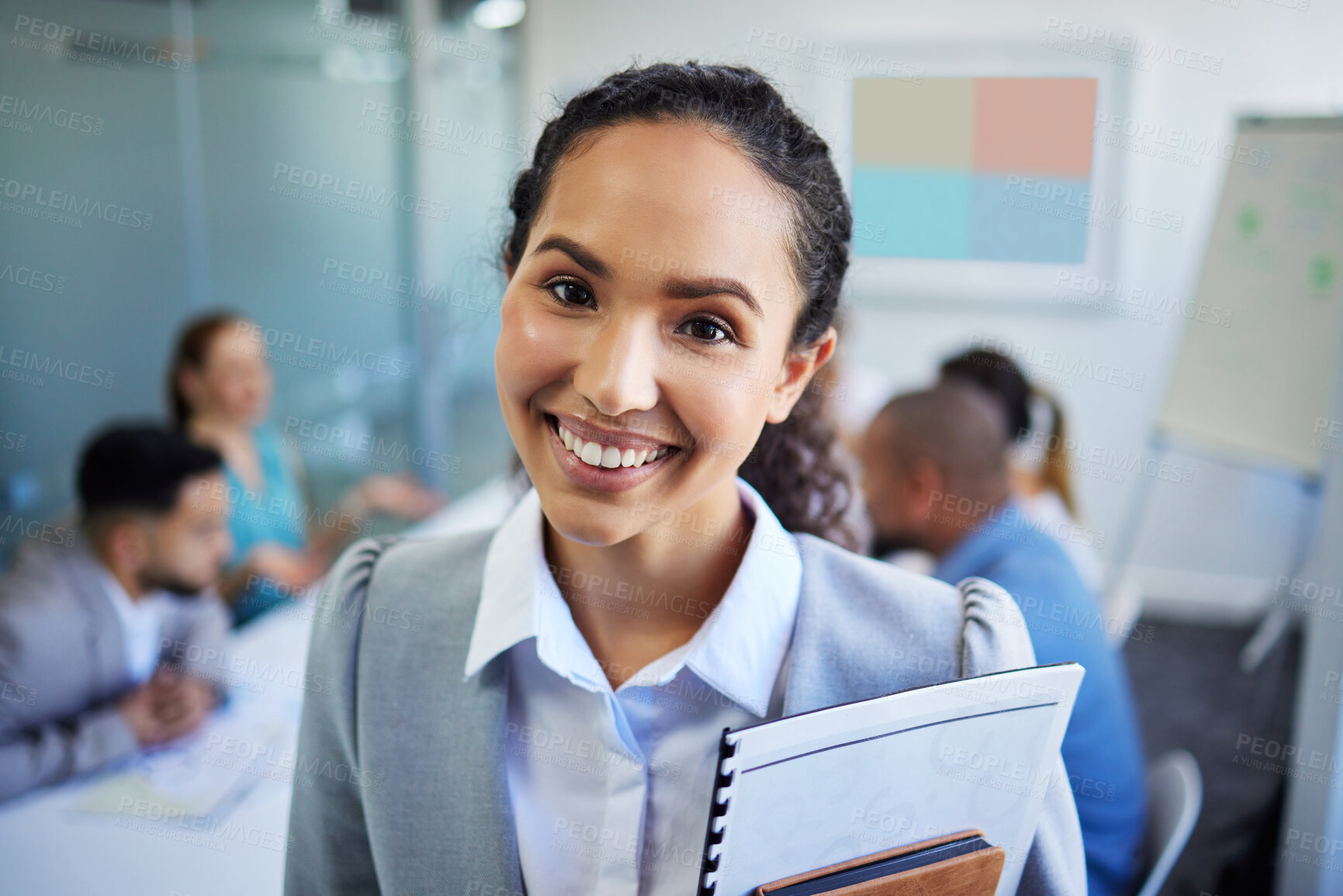 Buy stock photo Businesswoman, office and portrait with documents, employees and company staff. Corporate, admin clerk and happy with meeting, professional and worker for management, career and smile with pride 