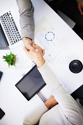 Buy stock photo Client meeting, top view people and shaking hands for investment success, b2b contract deal or company acquisition. Business, teamwork and partner agreement, welcome or handshake in HR job interview
