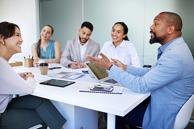 Buy stock photo Business people, manager and teamwork in meeting for marketing ideas, planning and startup project. Professional boss and employees with questions, feedback and happy proposal or talking in an office