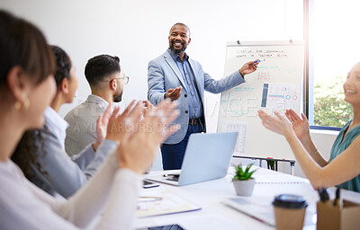 Buy stock photo Training, success and black man with presentation in meeting for strategy and progress in startup. Business growth, coach and businessman teaching staff about planning, profit and applause for team
