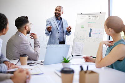 Buy stock photo Business growth, training and black man with presentation in meeting for strategy for startup progress. Businessman, coach or teaching staff about planning, profit or economy analysis on whiteboard
