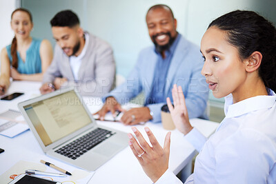 Buy stock photo Businesswoman, team and discussion for planning in boardroom with laptop screen for feedback document. Professional, female leader and diversity with advice for collaboration, strategy or partnership
