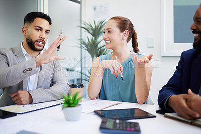 Buy stock photo Businesspeople, man and woman with discussion in boardroom for strategy, partnership or collaboration. Diversity, teamwork and together meeting, planning or brainstorming for project in modern office