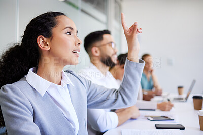 Buy stock photo Conference woman, business people and hand raised to ask questions about presentation, proposal plan or client sales pitch. Convention group, tradeshow crowd and employee engagement, feedback or vote
