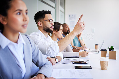 Buy stock photo Seminar man, business people and hand raised to answer, ask or question corporate deal, sales idea or investment pitch. Group row, convention crowd and employee engagement, feedback or vote for plan
