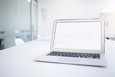 Buy stock photo Laptop screen, homepage or website for mockup in modern office, boardroom or company. Blank, technology or computer with information for startup with contact, about us or faq by internet connection
