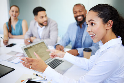 Buy stock photo Businesswoman, teamwork and meeting for strategy in boardroom with laptop for online, report or document. Diversity, female boss or manager for leadership, training and guidance for collaboration